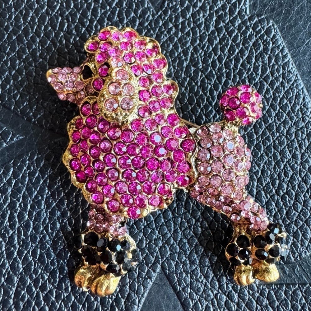 New Pink & Black Faceted Crystal Poodle Dog Gold Tone Pin Brooch Pendant - 1.75”
